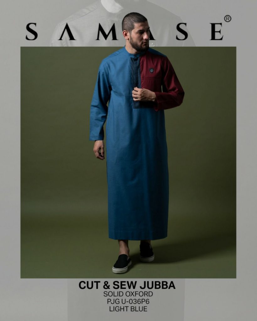 Jubah Cut Sew Samase yang menggabungkan 3 warna dengan pola asimetris